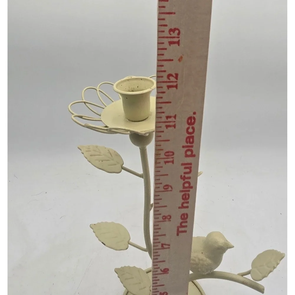 Cream Metal Bird and Flower Taper Candle Holder Rustic Farmhouse Decor
